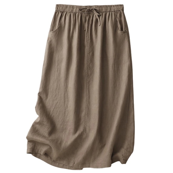 Yievot Cotton Linen Skirts for Women Summer A Line Flowy Casual Drawstring Midi Skirts with Pockets