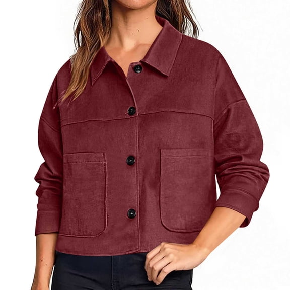 Yievot Crop Shacket Jackets for Women Vintage Long Sleeve Button Down Shirt Regular Fit Casual Overshirts with Pocket