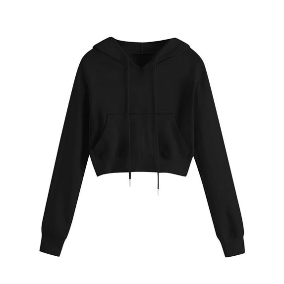 Yievot Cropped Hoodies for Women Casual Pullover Drawstring Hoodie Long Sleeve Hooded Sweatshirt Cute Crop Jacket Top with Pockets