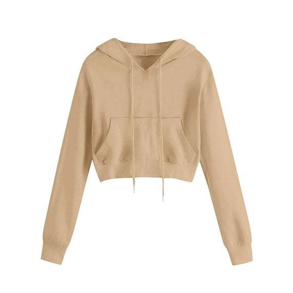 Yievot Cropped Hoodies for Women Casual Pullover Drawstring Hoodie Long Sleeve Hooded Sweatshirt Cute Crop Jacket Top with Pockets