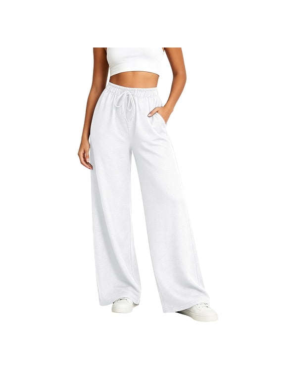 Denim-Like Pants for Women High Waisted Wide Leg Pant with Pockets Elastic Waist Strechy Drawstring Pull On Trousers