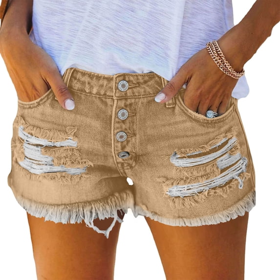 Yievot Denim Shorts for Women Ripped Frayed Hem Button Summer Casual Distressed Jean Shorts with Pockets