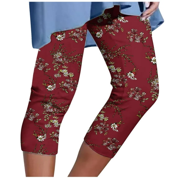 Yievot Elastic Waist Pants Women Summer Capris Pants Summer Savings Clearance Womens Outdoor Cropped Pants Floral Printing Tights Casual Beach Pants Red XXXL