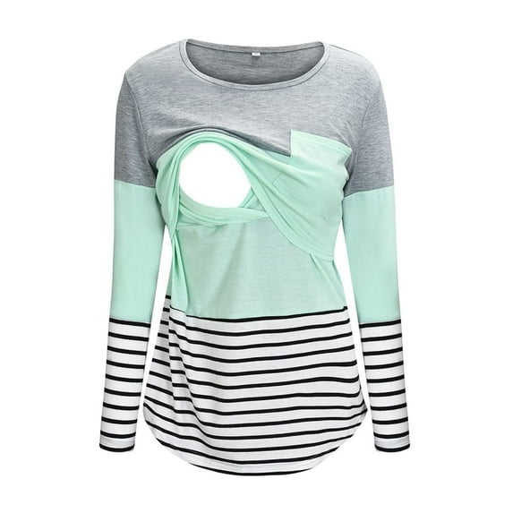 Yievot Fall Winter Women Pregnant Shirt Round Neck Stripe Patchwork Long Sleeve Comfortable Nursing Maternity Tops For Women Breastfeeding Maternity 2024 Summer Tops Clothes on Clearance