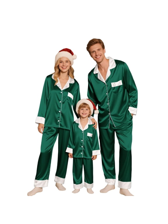 Family Christmas Pajamas Matching Sets Silk Satin Button Down Shirts and Pants Casual Pjs Matching Set for Family