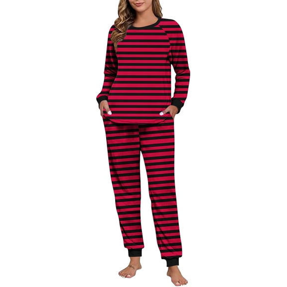 Maplenight Fleece Lounge Sets for Women 2 Piece Casual Striped Long Sleeve Tunic Tops Elastic Waist Jogger Pants Fall Pajamas Set