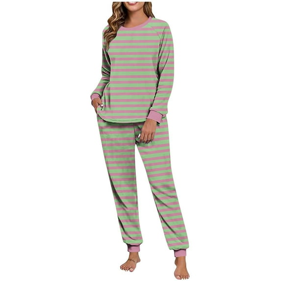 Maplenight Fleece Lounge Sets for Women 2 Piece Casual Striped Long Sleeve Tunic Tops Elastic Waist Jogger Pants Fall Pajamas Set