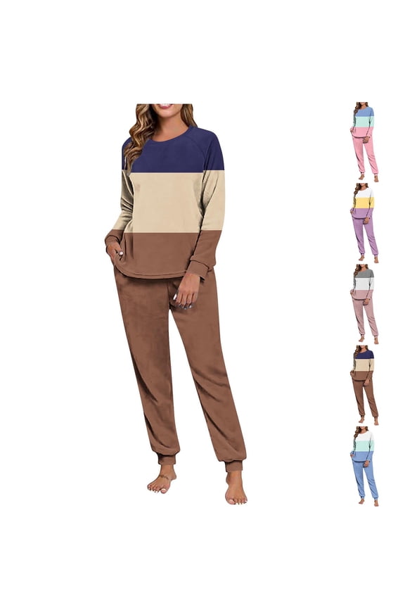 Fleece Pajamas for Women Set 2 Piece Casual Long Sleeve Tops Elastic Waist Jogger Pants Color Block Fall Lounge Sets