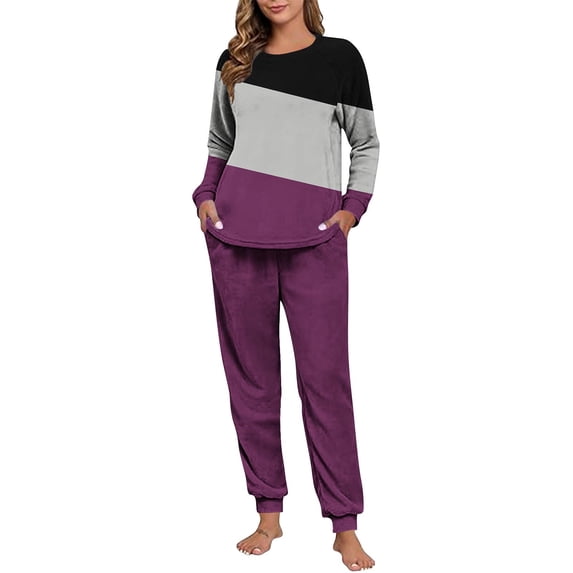 Maplenight Fleece Pajamas for Women Set Oversized Thermal Winter Sleepwear Color Block Long Sleeve Pjs and Joggers 2 Piece Lounge Sets