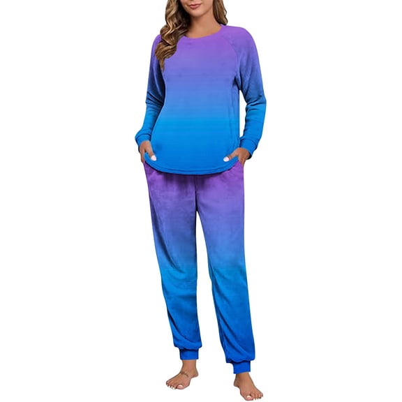 Maplenight Fleece Pajamas for Women Set Oversized Thermal Winter Sleepwear Long Sleeve Gradient Color Pjs and Joggers 2 Piece Lounge Sets