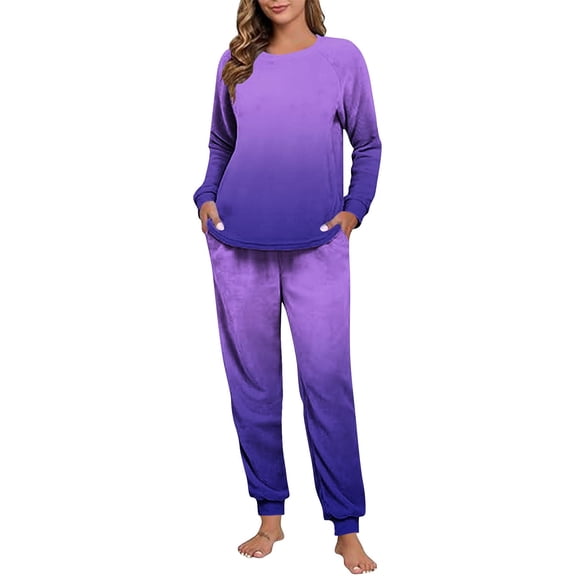 Maplenight Fleece Pajamas for Women Set Oversized Thermal Winter Sleepwear Long Sleeve Gradient Color Pjs and Joggers 2 Piece Lounge Sets