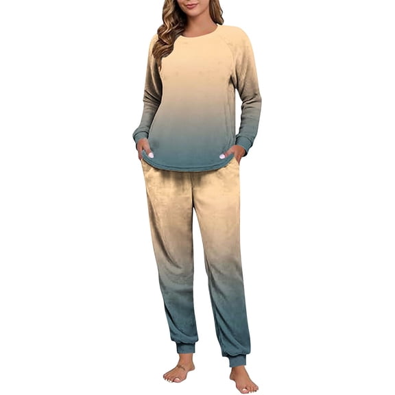 Maplenight Fleece Pajamas for Women Set Oversized Thermal Winter Sleepwear Long Sleeve Gradient Color Pjs and Joggers 2 Piece Lounge Sets