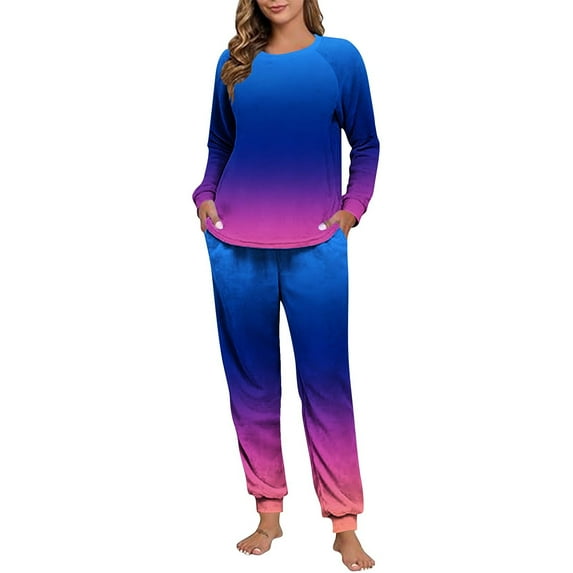 Maplenight Fleece Pajamas for Women Set Oversized Thermal Winter Sleepwear Long Sleeve Gradient Color Pjs and Joggers 2 Piece Lounge Sets
