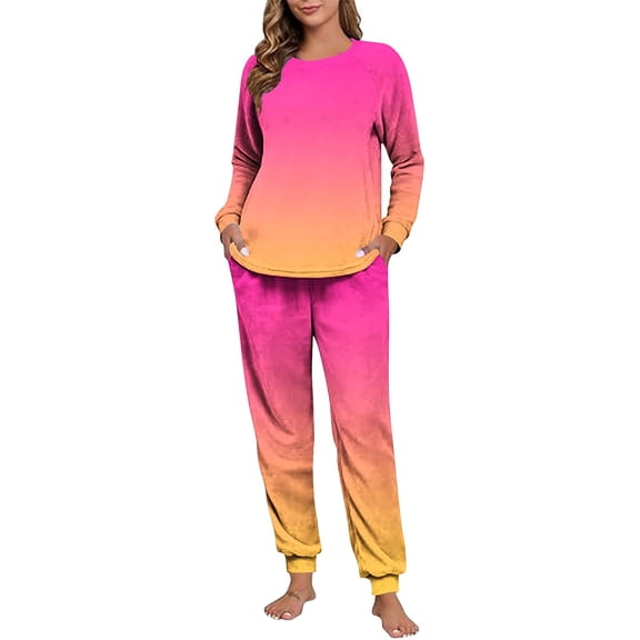 Maplenight Fleece Pajamas for Women Set Oversized Thermal Winter Sleepwear Long Sleeve Gradient Color Pjs and Joggers 2 Piece Lounge Sets