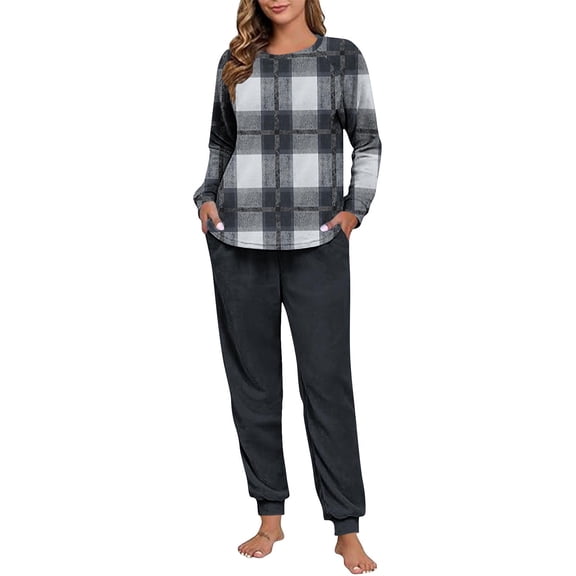 Maplenight Fleece Pajamas for Women Set Oversized Thermal Winter Sleepwear Long Sleeve Plaid Pjs and Joggers 2 Piece Lounge Sets