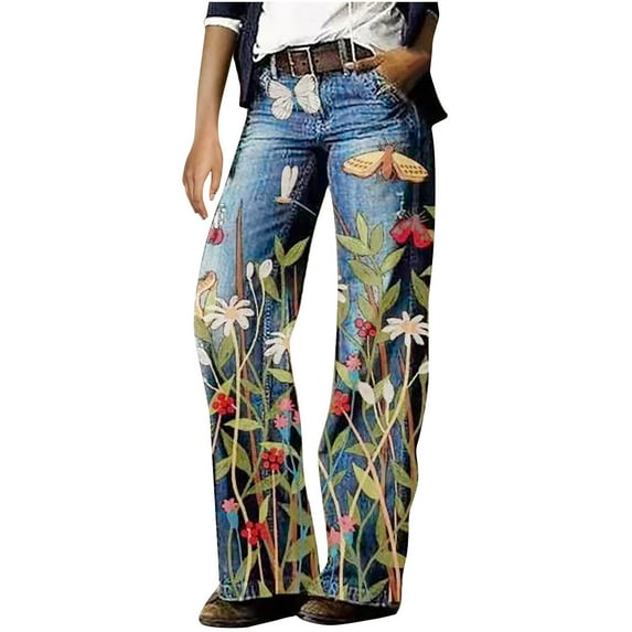 Yievot Harajuku Hip Hop Denim Pants Women with Pockets Fashion Printed Casual Outdoor Wide Pants for Women Womens 2025 Fashion Pants
