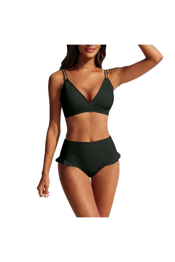 High Waisted Bikini Sets for Women 2 Piece Ruffle Tummy Control Bathing Suit Slimming Cutout Swimwear