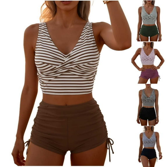 Yievot High Waisted Bikini Sets for Women Tummy Control Swimsuits Ruched Striped Bralette with Shorts Two Piece Bathing Suit
