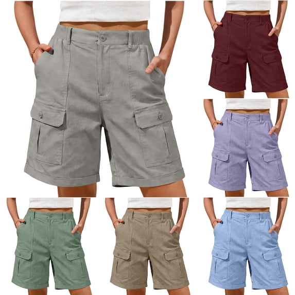 Yievot Hiking Cargo Shorts for Women Button Elastic Waist Multi Pockets Summer Outdoor Golf Travel Shorts