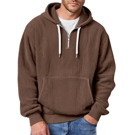 Yievot Hoodies for Men Quarter Zip Pullover Sweatshirts Casaul Long Sleeve Drawstring Waffle Knit Hooded Sweatshirt with Pocket