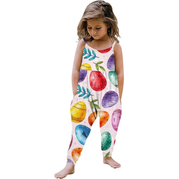 Yievot Kids Baby Girls Casual Jumpsuits Sleeveless Easter Printed Spaghetti Strap Loose Romper Long Pants With Pockets 1-6 Years 2024 Toddler Pants Clothes on Clearance