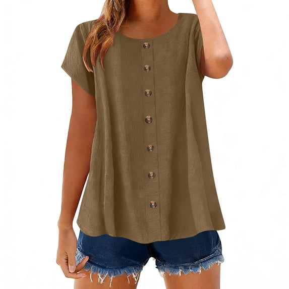 Yievot Linen Button Down Shirts for Women Summer Crew Neck Short Sleeve Womens Tops Casual Loose Tunic Blouses
