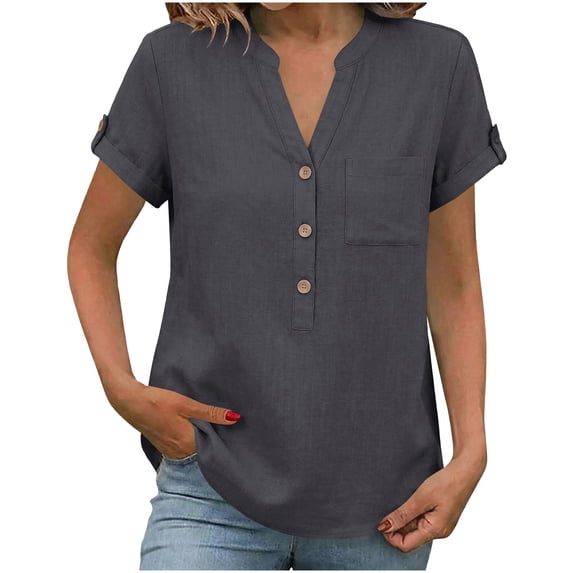 Yievot Linen Shirts for Women V Neck Button Short Sleeve Office Work Tops Casual Vacation Tees Shirt Blouse