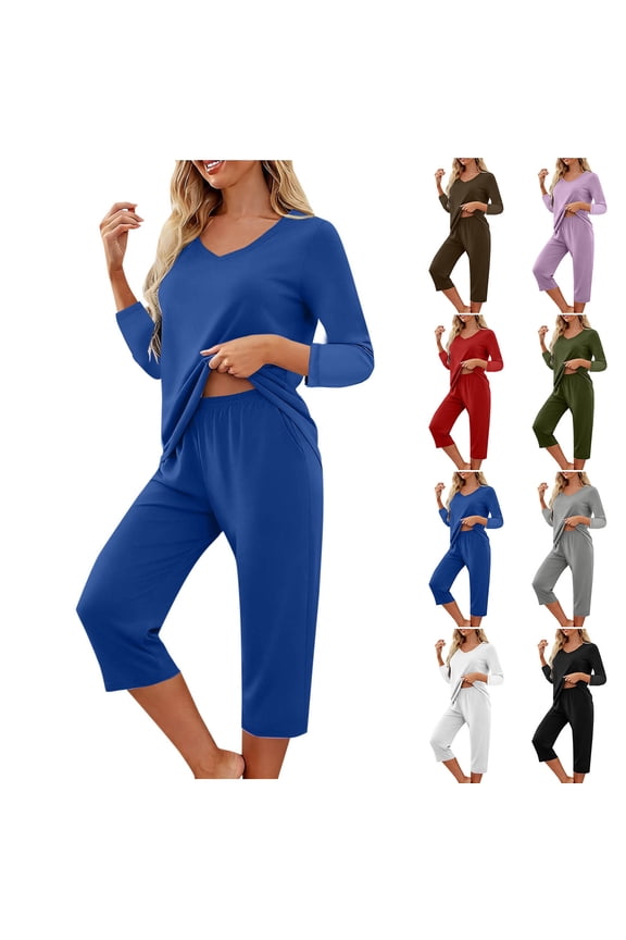 Lounge Sets for Women Fall Pajamas Set 3/4 Sleeve Shirts and Capri Pants Soft Sleepwear Loungewear with Pockets