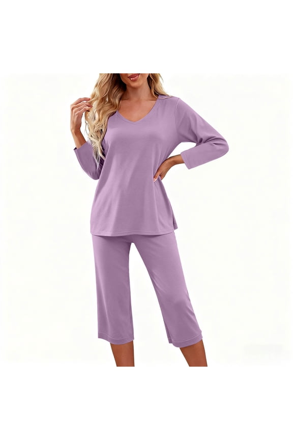 Lounge Sets for Women Fall Pajamas Set 3/4 Sleeve Shirts and Capri Pants Soft Sleepwear Loungewear with Pockets