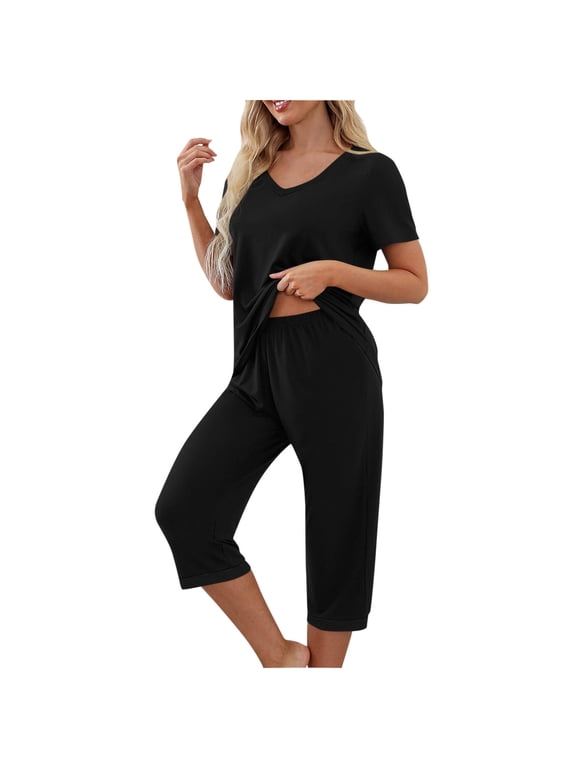 Lounge Sets for Women Summer Pajamas Set Short Sleeve Shirts and Capri Pants Soft Sleepwear Loungewear
