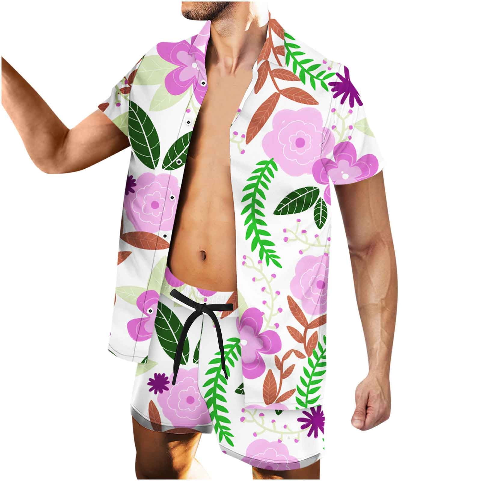 Yievot Festival Outfits For Men 2 Piece Set Clearance Hawaiian Print  Turndown Button Short Sleeve Beach Cardigan Blouse & Pants Sets Leisure  Summer