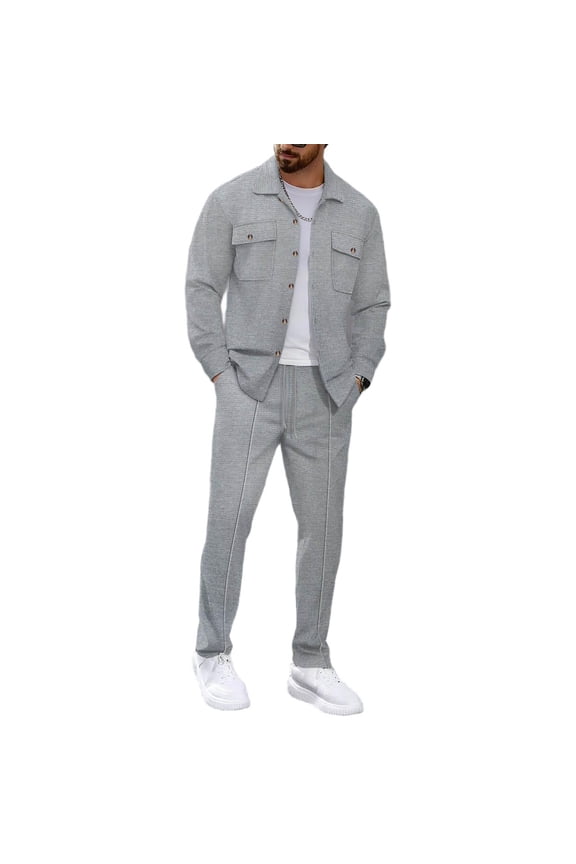 Men's 2 Piece Outfits Waffle Lapel Long Sleeve Button Down Shirts and Drawstring Joggers Sets Lounge Vacation Travel Fall Sets