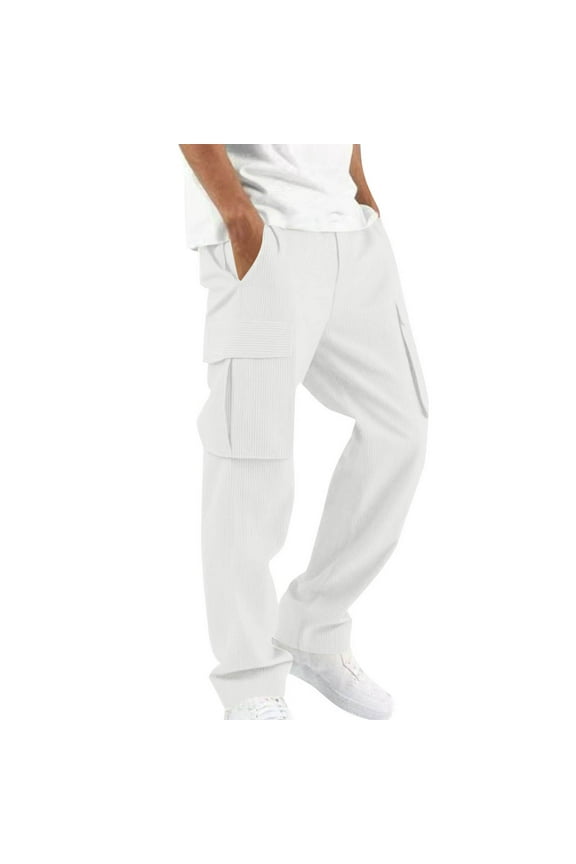 Men's Corduroy Cargo Pants Elastic Waist Trendy Pants Fall Winter Casual Hiking Workout Pants for Men with Pockets