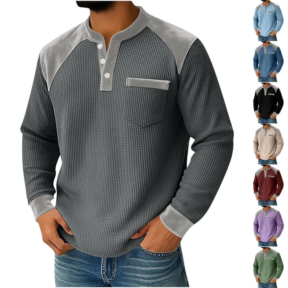 Yievot Men's Henley Shirts Waffle Knit Shirt Solid Long Sleeve Tops Fashion Casual Pullover
