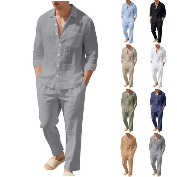 Yievot Men's Linen Beach Outfit 2 Piece Casual Button Down Shirts Long Sleeve Loose Shirts and Pants Vacation Sets for Men