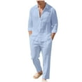 thumbnail image 1 of Yievot Men's Linen Beach Outfit 2 Piece Casual Button Down Shirts Long Sleeve Loose Shirts and Pants Vacation Sets for Men, 1 of 8