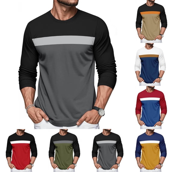 Yievot Men's Long Sleeve Tee Shirts Color Block Pullover Relaxed Fit Casual Basic Crew Neck T-Shirt