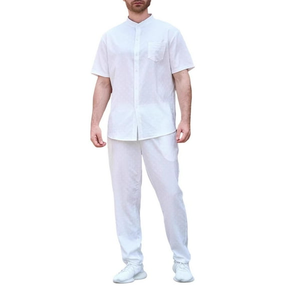 Yievot Men's Lounge Outfits Stand Collar Short Sleeve Button Down Shirts & Straight Leg Pants Set 2 Piece Travel Vacation Outfits for Men