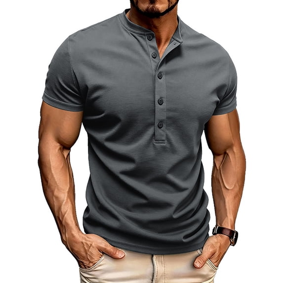 Yievot Men's Muscle Slim Henley Shirts Short Sleeve Crewneck Longline T-Shirt Casual Gym Workout Shirt with Button