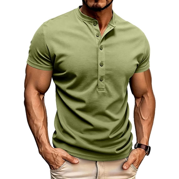 Yievot Men's Muscle Slim Henley Shirts Short Sleeve Crewneck Longline T-Shirt Casual Gym Workout Shirt with Button