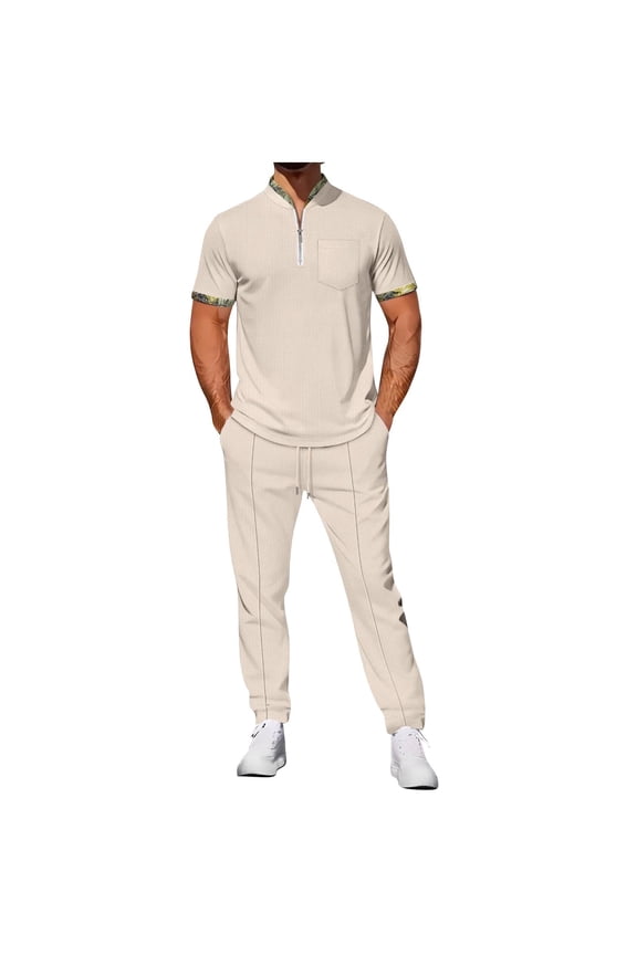 Men's Waffle Sets Outfits 2 Piece Fall Tracksuit Quarter Zip Short Sleeve Henley Shirt And Drawstring Pants Set Casual Sport Suit