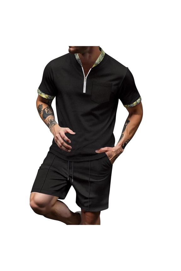 Men's Waffle Sets Outfits 2 Piece Summer Tracksuit Quarter Zip Short Sleeve Henley Shirt And Shorts Set Casual Sport Suit