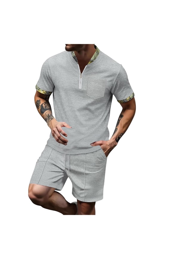 Men's Waffle Sets Outfits 2 Piece Summer Tracksuit Quarter Zip Short Sleeve Henley Shirt And Shorts Set Casual Sport Suit