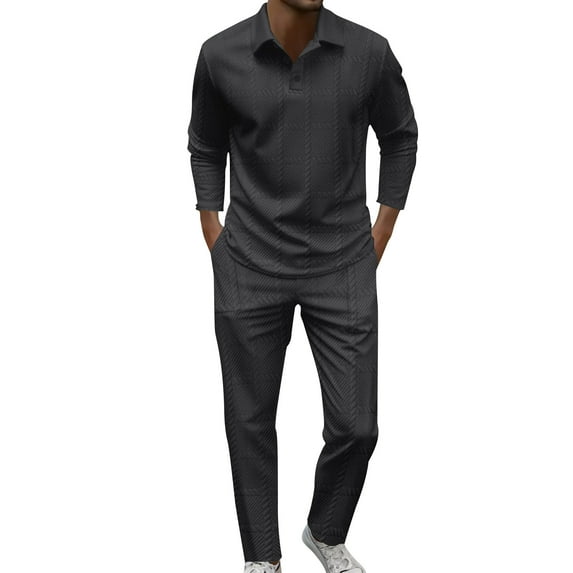 Yievot Mens 2 Piece Set Casual Outfits Polo Long Sleeve Shirts & Pants Tracksuit Loungewear Athletic Jogger Sweatsuit