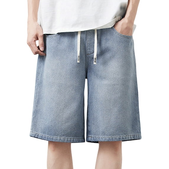 Yievot Mens Baggy Jeans Wide Leg Loose Fit Casual Denim Shorts with Pockets Streetwear Drawstring Below Knee Jorts