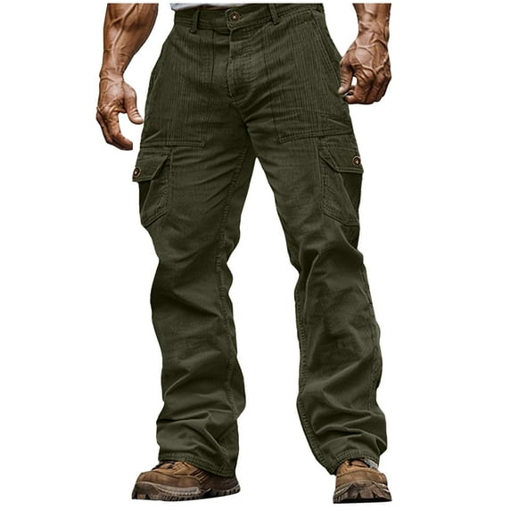 Yievot Mens Cargo Pants Corduroy Solid Casual Outdoor Straight Pant Type Fitness Trousers with Multiple Pockets