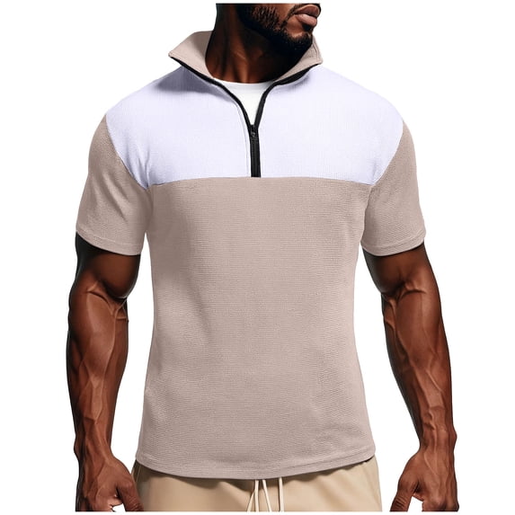 Yievot Mens Casual Workout Shirt Stylish Short Sleeve Waffle Knit Pullover Tops Quarter Zip Collared Neck Color Block Tee Shirts