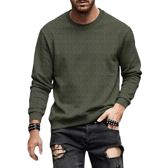 Yievot Mens Crewneck Sweatshirt Jacquard Textured Pullover Tops Solid Color Casual Long Sleeve Shirt