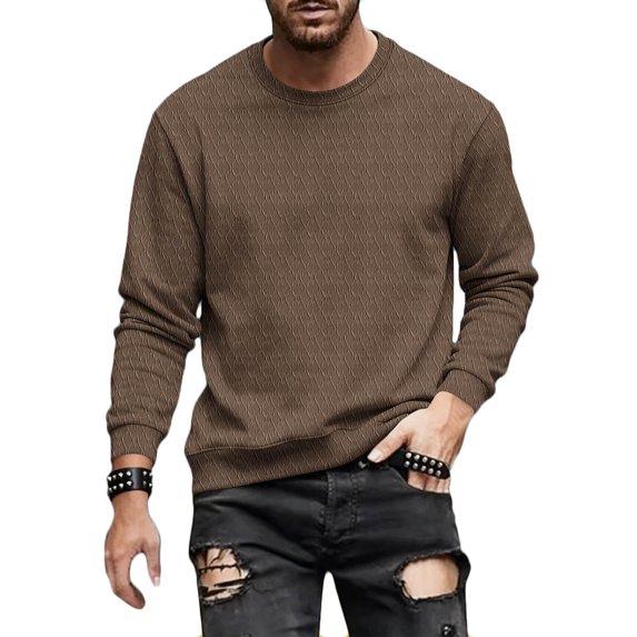 Yievot Mens Crewneck Sweatshirt Jacquard Textured Pullover Tops Solid Color Casual Long Sleeve Shirt