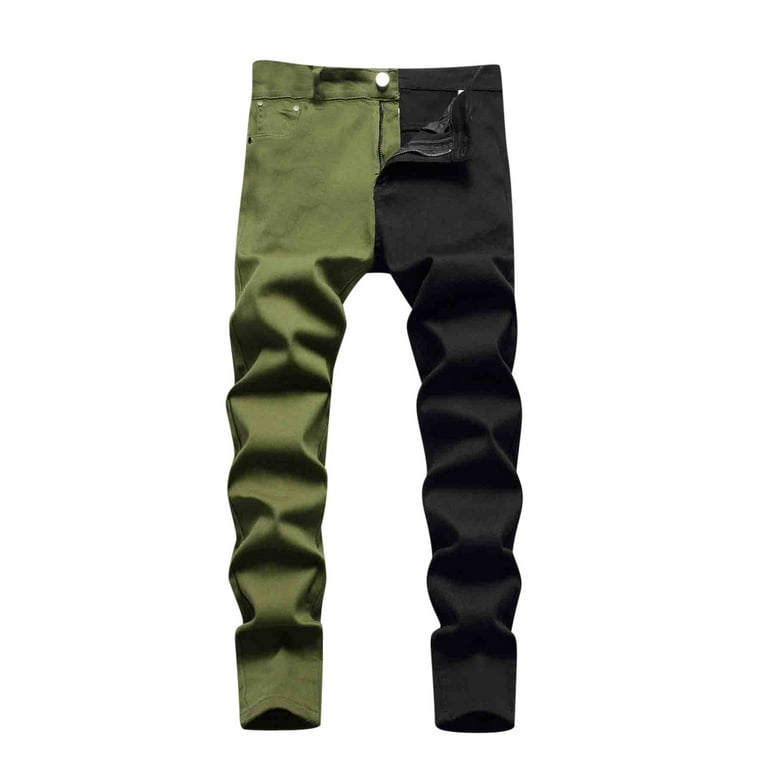 Yievot Mens Denim Pants Clearance New Fashion Casual Zip Two-Tone Patchwork  Trousers Washed Stretch Casual Straight Leg Jean Green 2XL